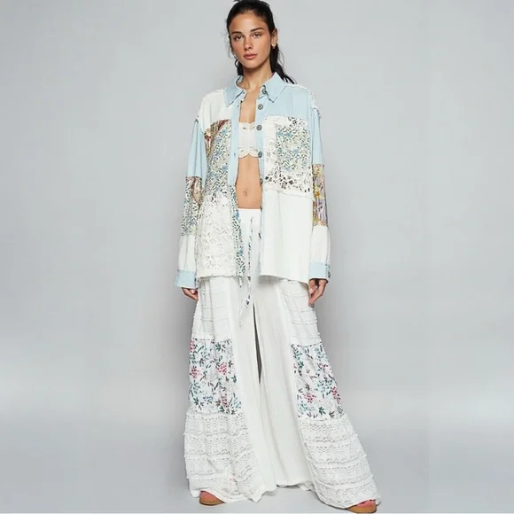 POL Balloon Sleeve Double Gauze Floral Button Front Shirt
